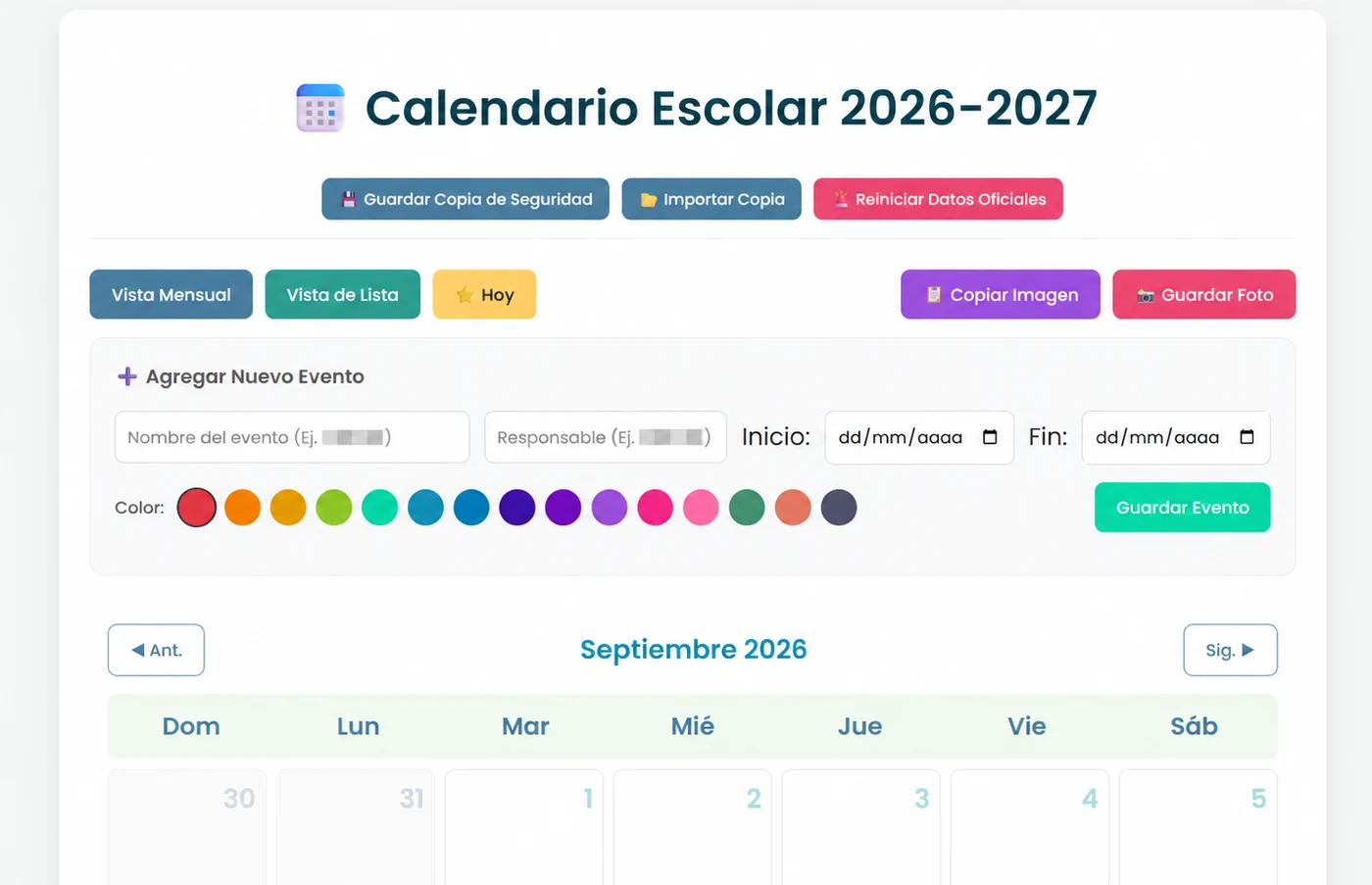Calendario escolar para organizar eventos