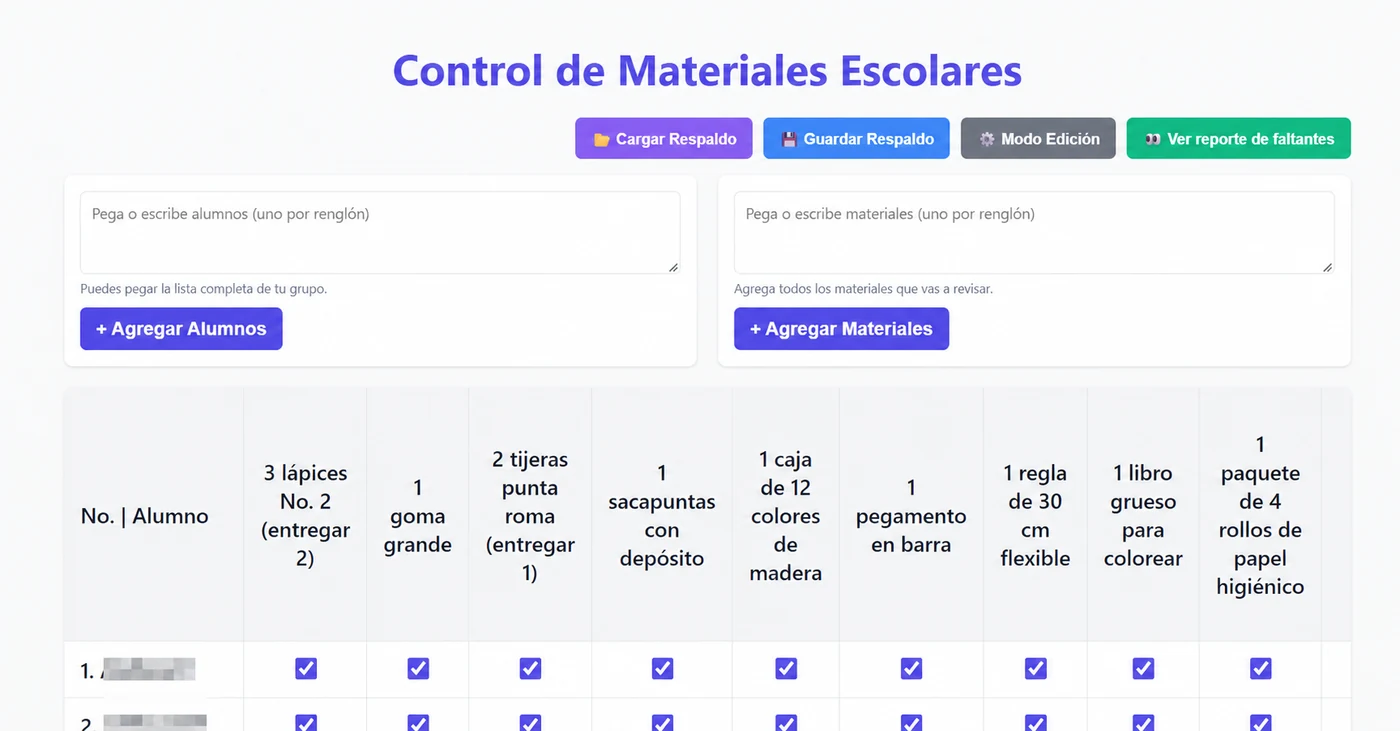Control de Materiales Escolares con nombres anonimizados