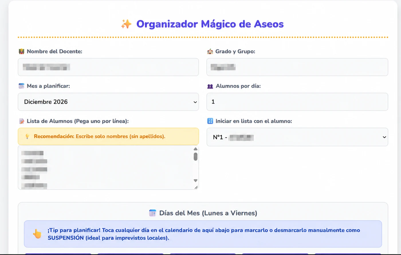 Organizador Mágico de Aseos con nombres anonimizados