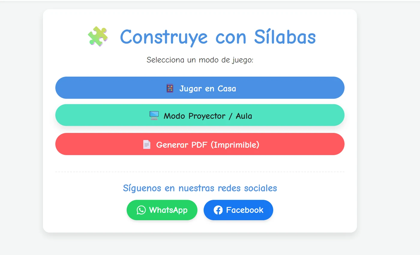 Pantalla principal de Construye con Sílabas