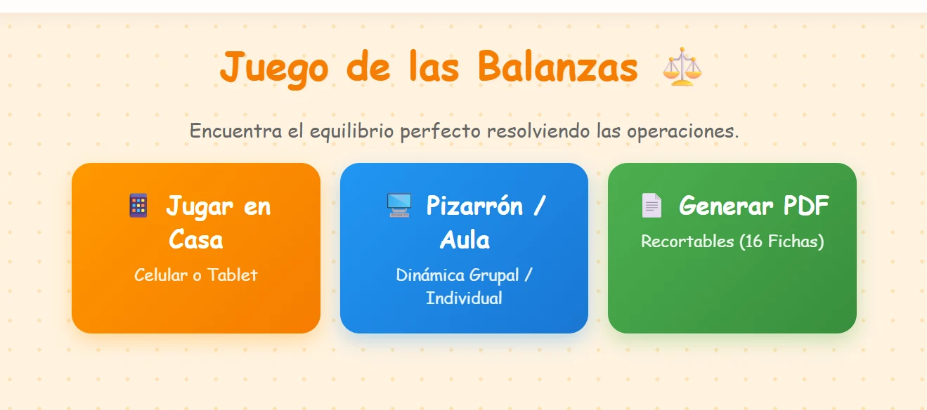 Pantalla principal del Juego de las Balanzas