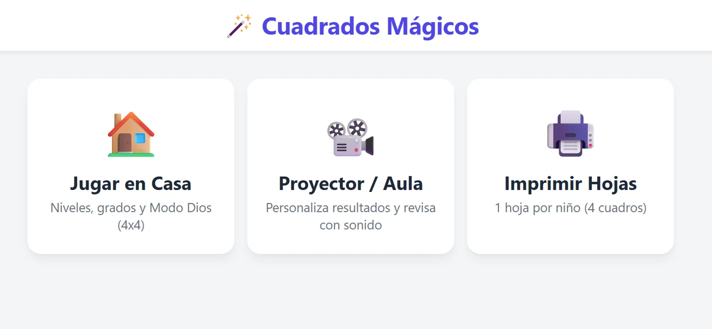 Pantalla principal de Cuadrados Mágicos